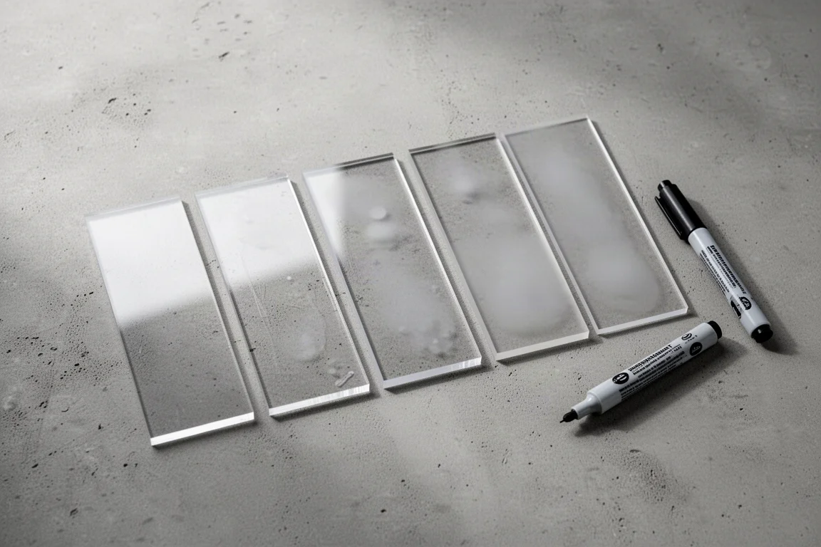 Sealed polycarbonate test sheets laid out after restoration comparison