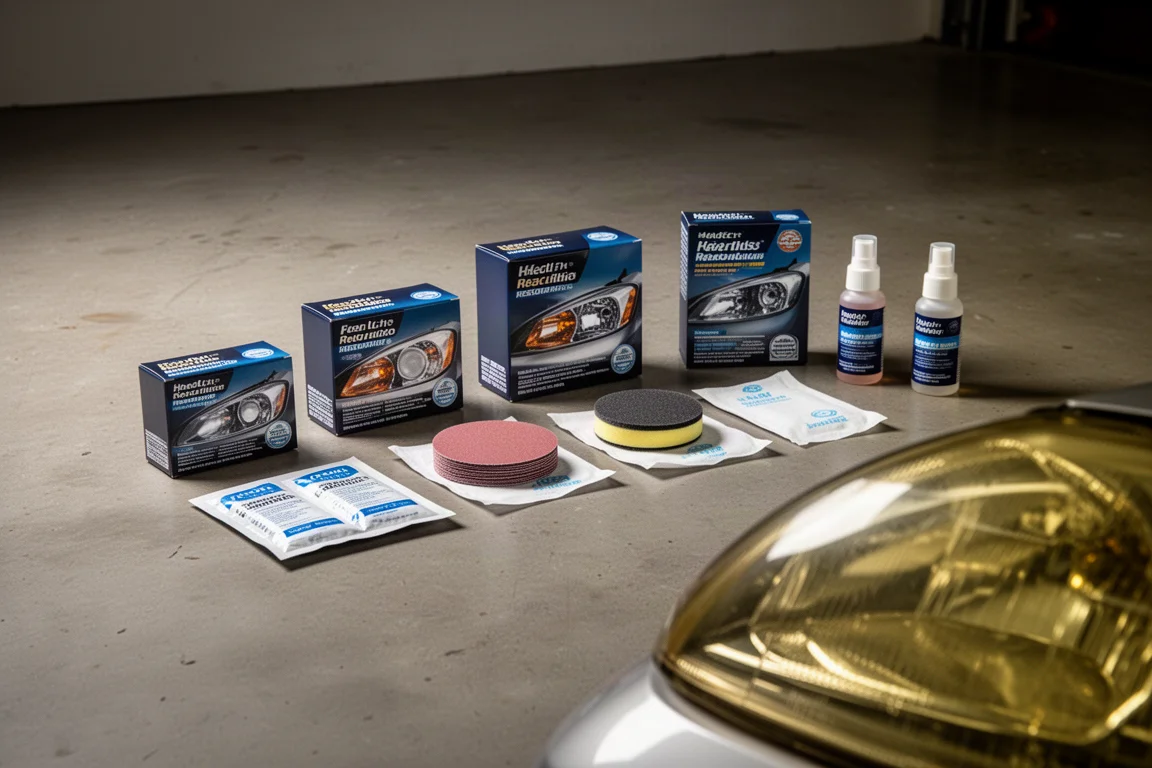 Seven headlight restoration kit boxes and accessories arranged on a garage floor