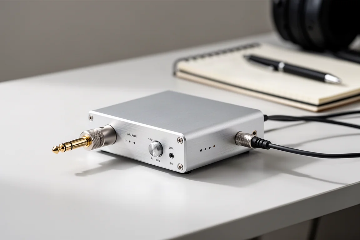 整ったワークデスクの上に置かれたカラーディスプレイ付きのコンパクトなアルミ製デスクトップDAC