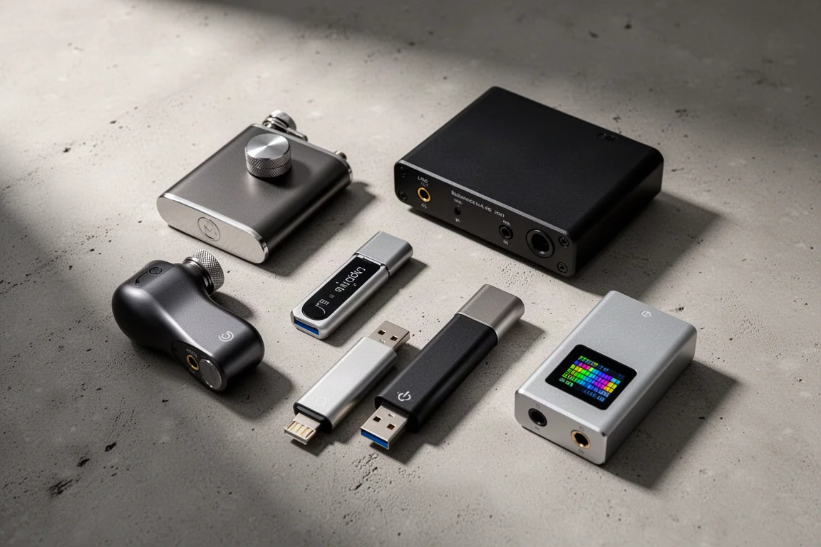 Five compact headphone amplifiers and USB DAC units arranged on a matte concrete surface