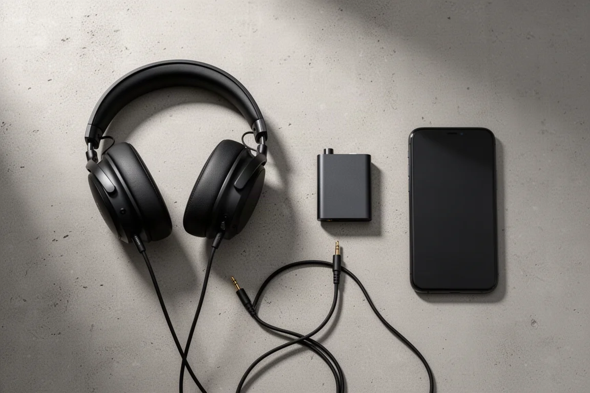 折りたたみ式ヘッドホン、ポケットサイズのDAC、スマートフォンを並べたポータブルリスニングキットのフラットレイ