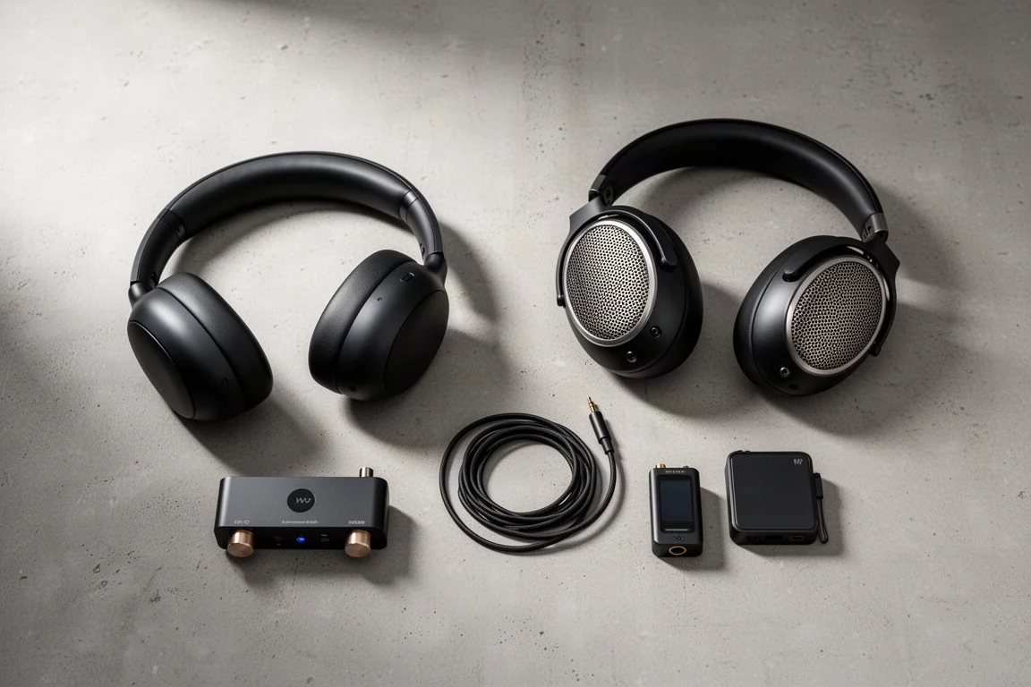 Overhead arrangement of wireless headphones, open-back headphones, a desktop DAC and amp, and a pocket DAC