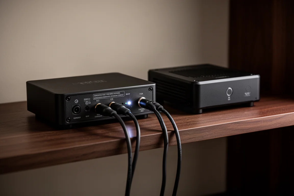 桌上型 DAC 以短 DC 線材連接一台精巧的線性電源供應器