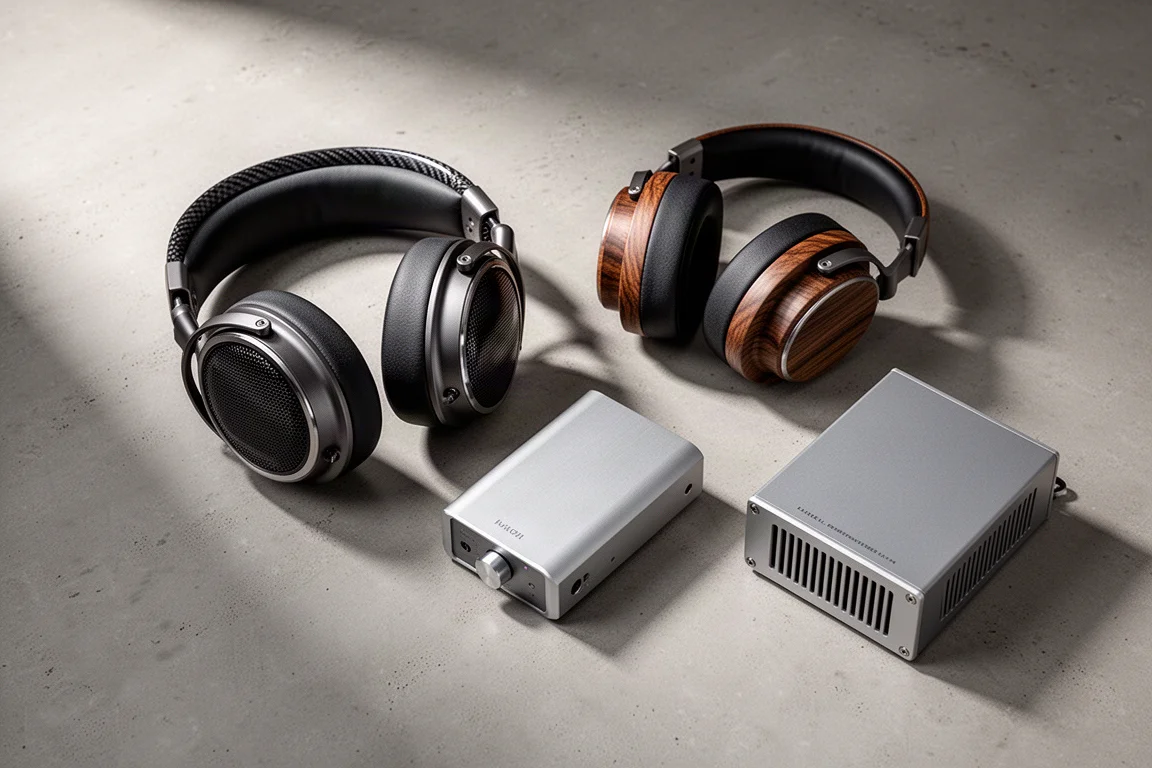 Desktop audio gear including two headphones, an amplifier, a DAC and a power supply