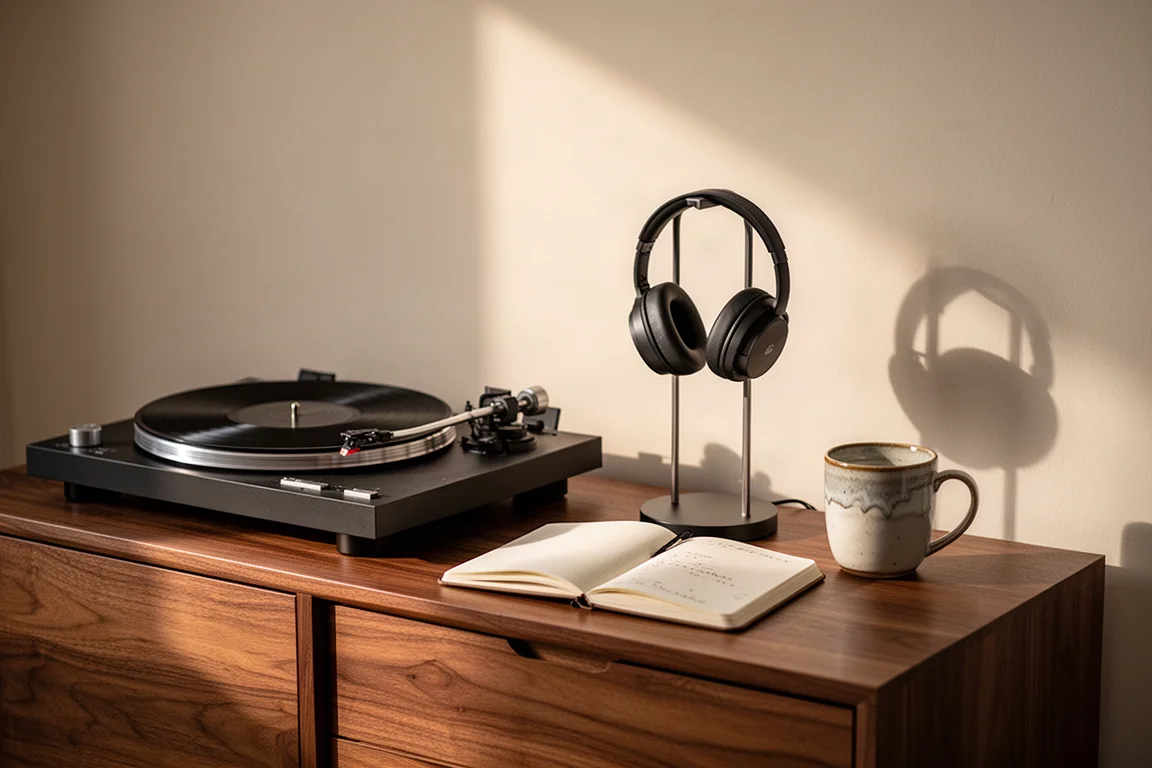 Rincón tranquilo de escucha en casa con tocadiscos, soporte para auriculares y luz cálida de tarde