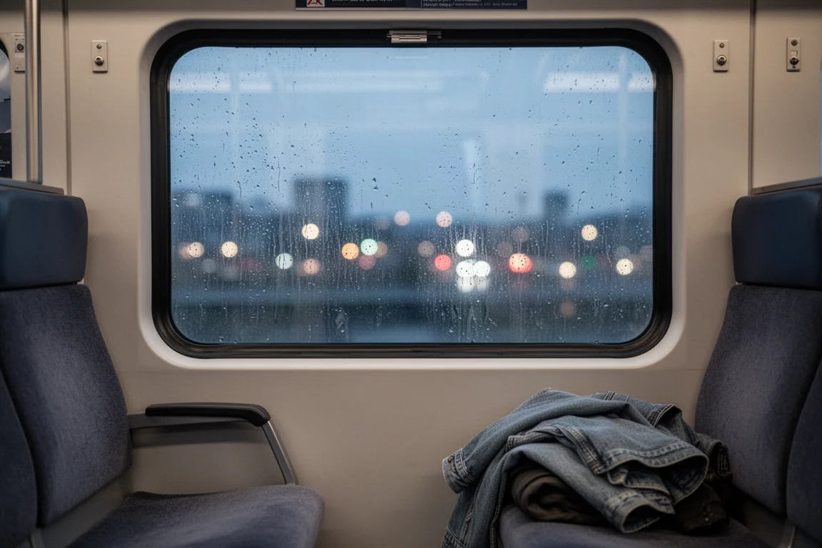 Ventana de tren de cercanías con lluvia al atardecer y luces de la ciudad desenfocadas al fondo