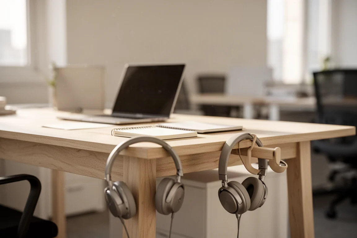 Escritorio en espacio de trabajo abierto con auriculares colgados de un gancho bajo luz suave