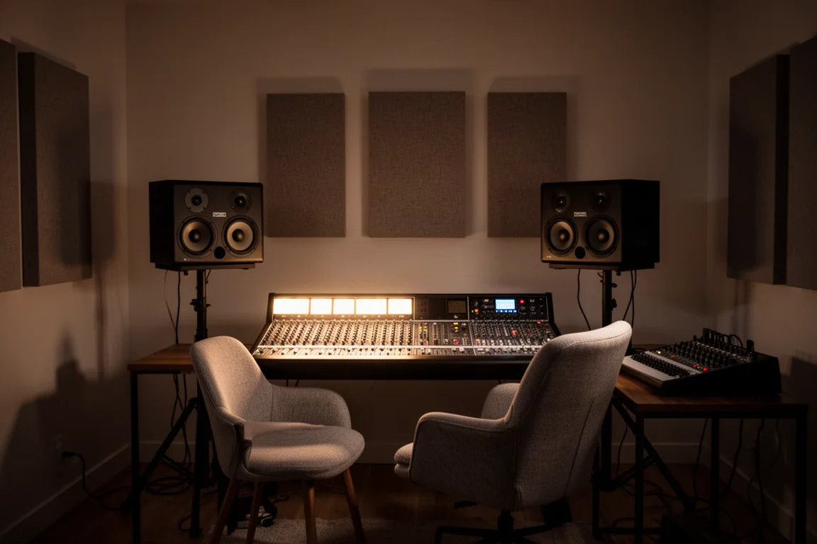 Estudio doméstico compacto de noche con monitores de estudio, mesa de mezclas y luz cálida tenue