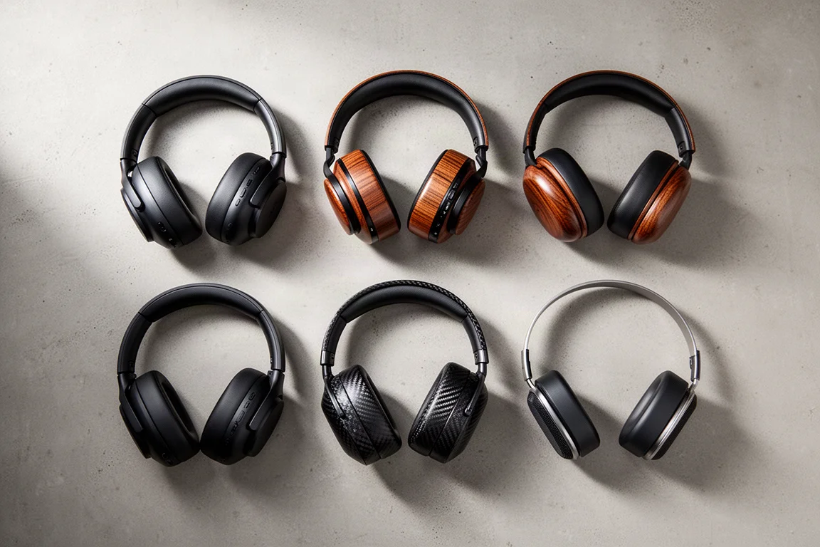 Four over-ear headphones arranged on a concrete surface in an editorial flat lay