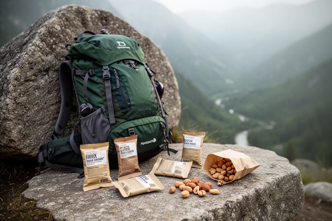 Zaino da escursionismo carico e involucri di snack senza etichetta su una roccia piatta sopra una valle montana