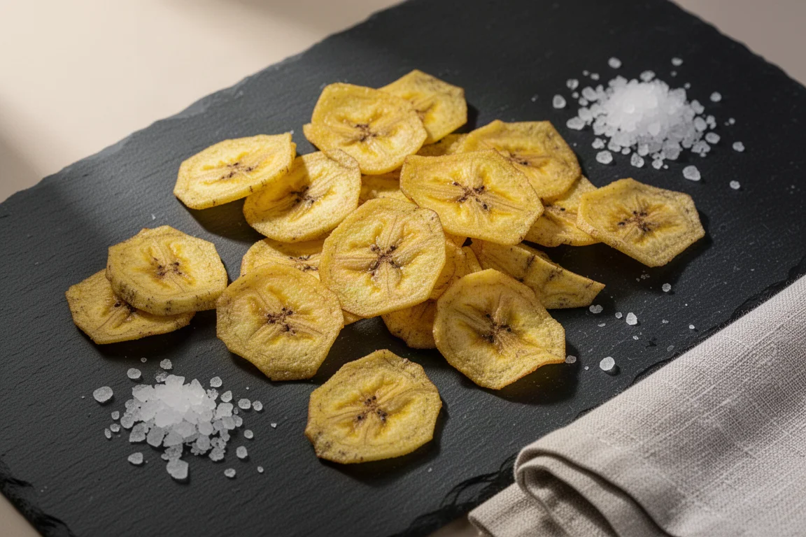 Chips di plantano dorate sparse su ardesia scura con scaglie di sale marino grosso