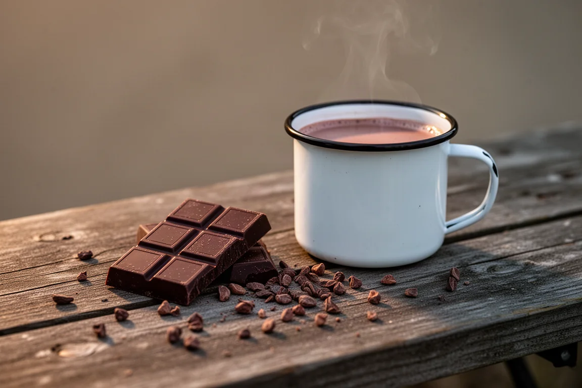 Quadrato spezzato di cioccolato fondente accanto a una tazza smaltata su un tavolo da campeggio consumato