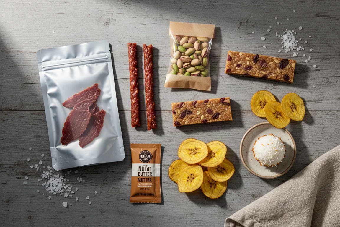 Overhead flat-lay of trail snacks arranged on weathered grey wood
