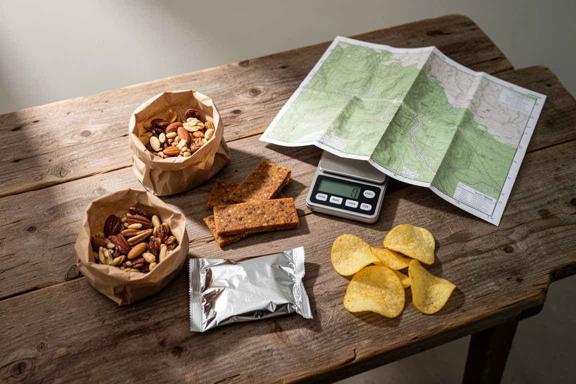 Flat-lay dall'alto di snack da trekking, una mappa topografica, una borraccia e una piccola bilancia su un tavolo di legno