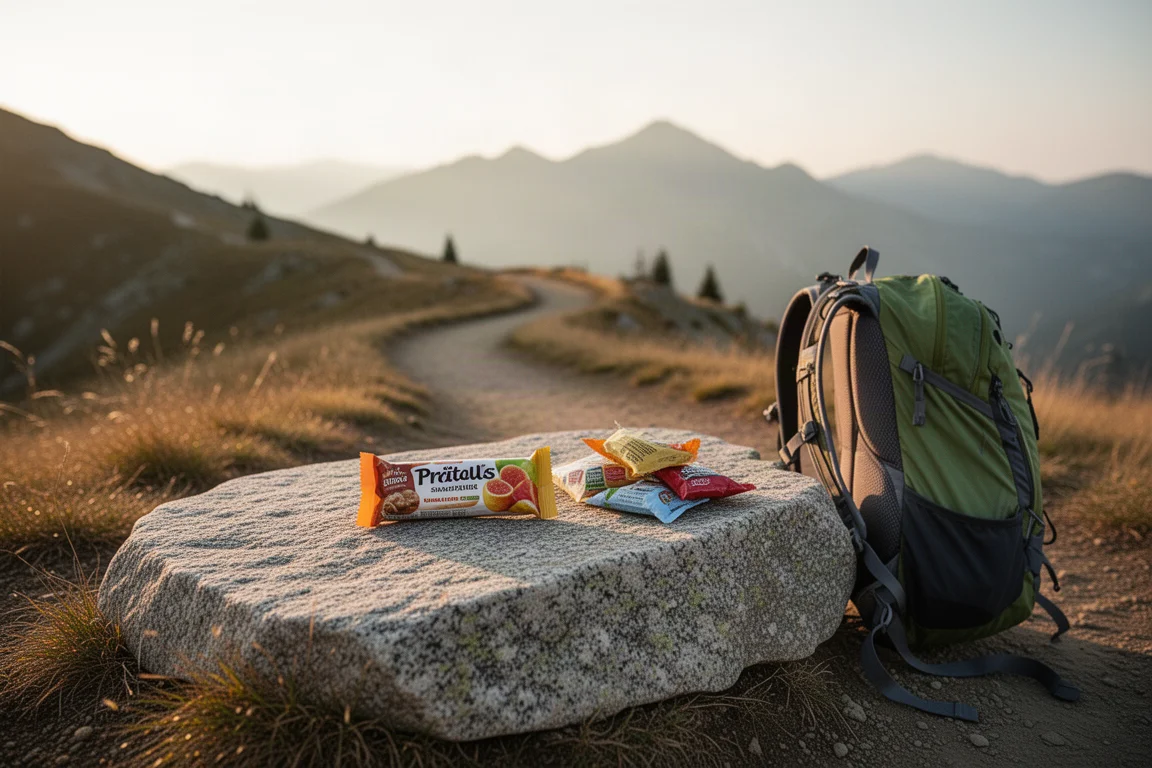Sacchetto aperto di pistacchi e gusci sparsi su un masso di granito accanto a un sentiero di montagna