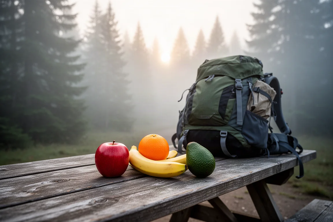 Flat-lay dall'alto di sacchetti per il rifornimento, buste zip, una bilancia da cucina e un fornello da campeggio su cemento
