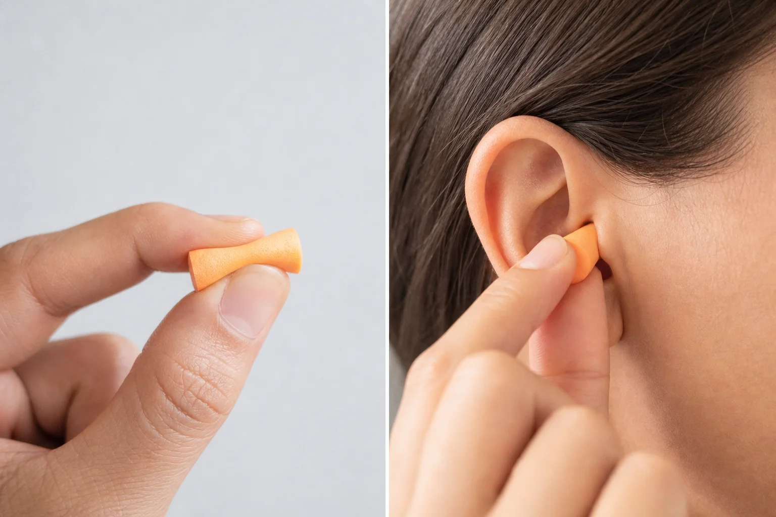 Person inserting foam earplug into ear canal with proper rolling technique