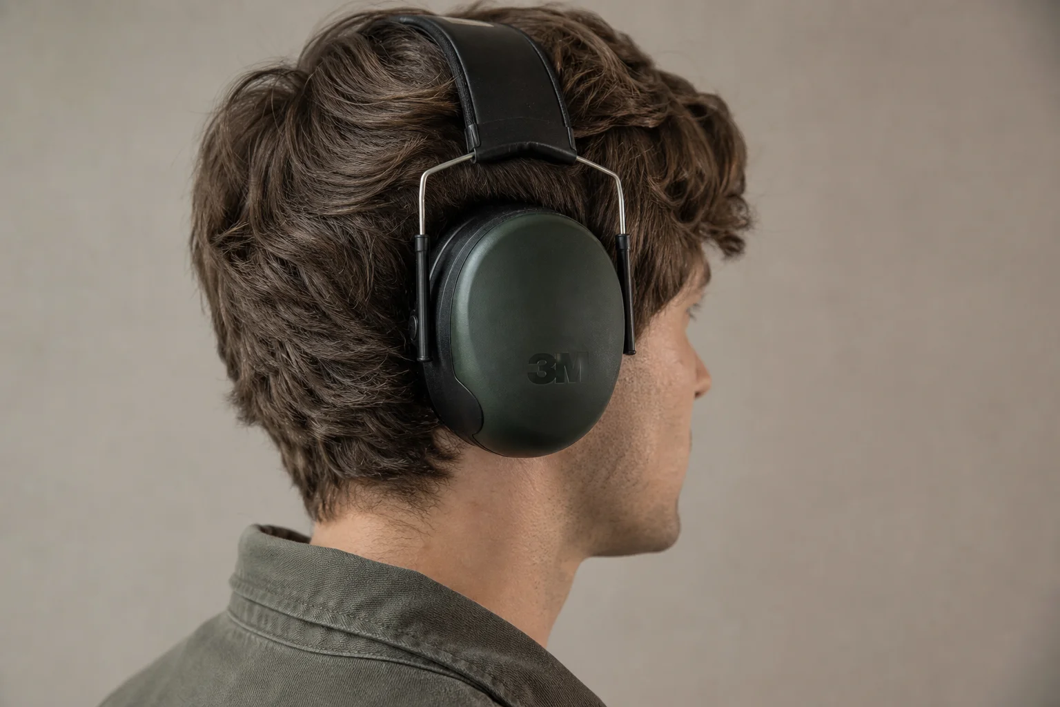 Person wearing over-ear earmuff hearing protection with proper seal