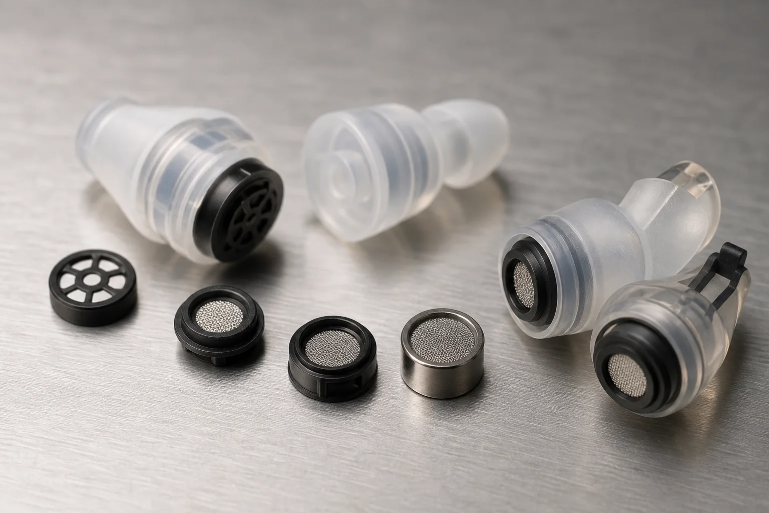 Close-up of acoustic filter components used in filtered earplugs