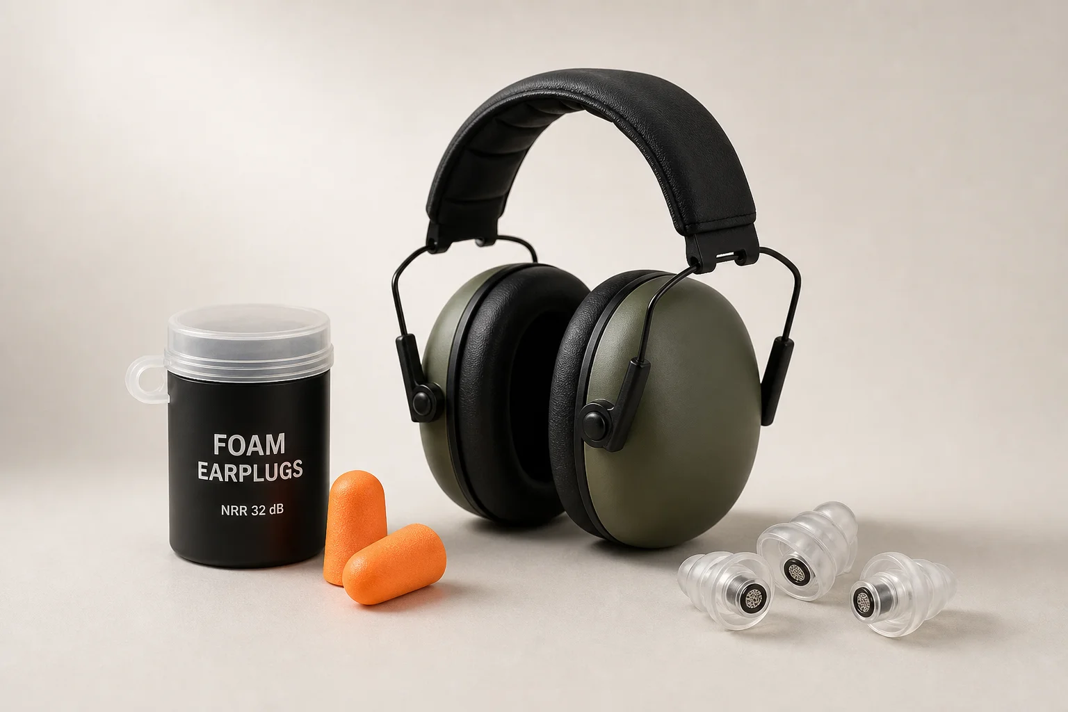 Three types of hearing protection: foam earplugs, earmuffs, and filtered earplugs on neutral backdrop