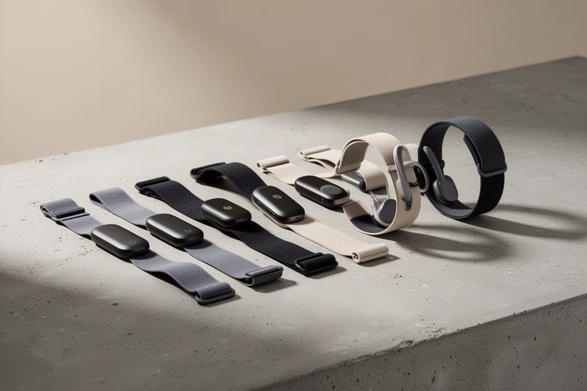 A collection of chest strap and arm strap heart rate monitors on a concrete surface