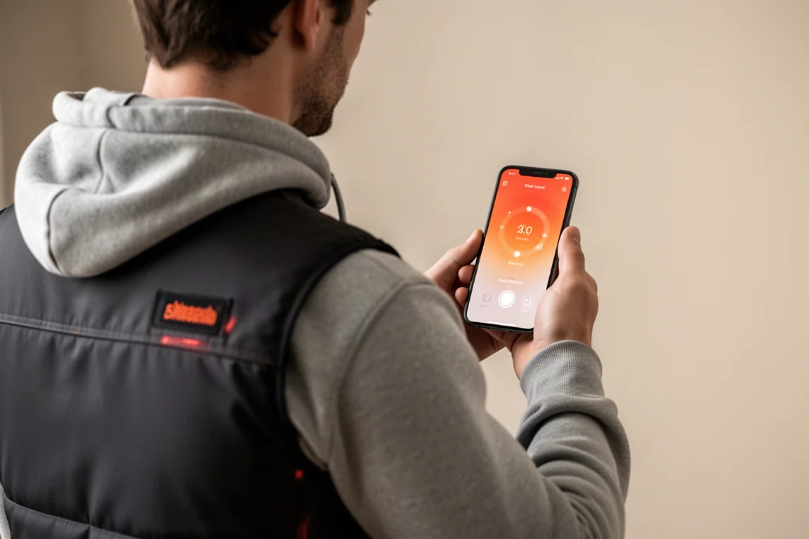Persoon die de warmtestanden van een verwarmde bodywarmer instelt met een telefoon