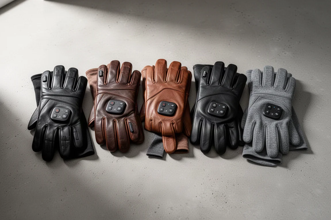 A row of heated gloves and glove liners arranged on a concrete surface
