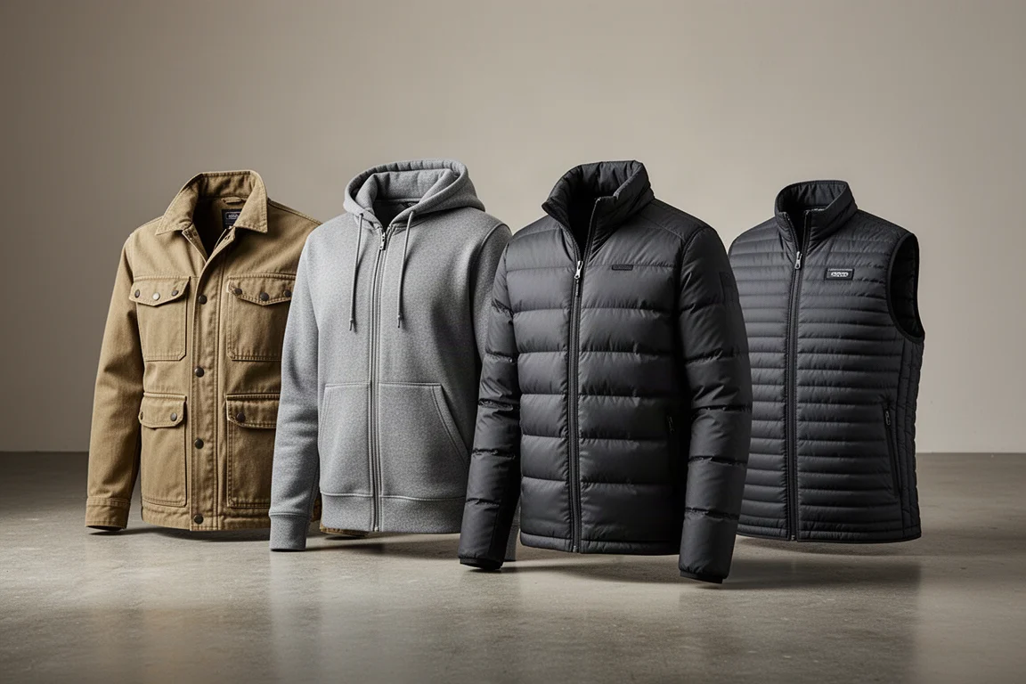 Lineup of seven heated jackets and a vest arranged on a concrete floor