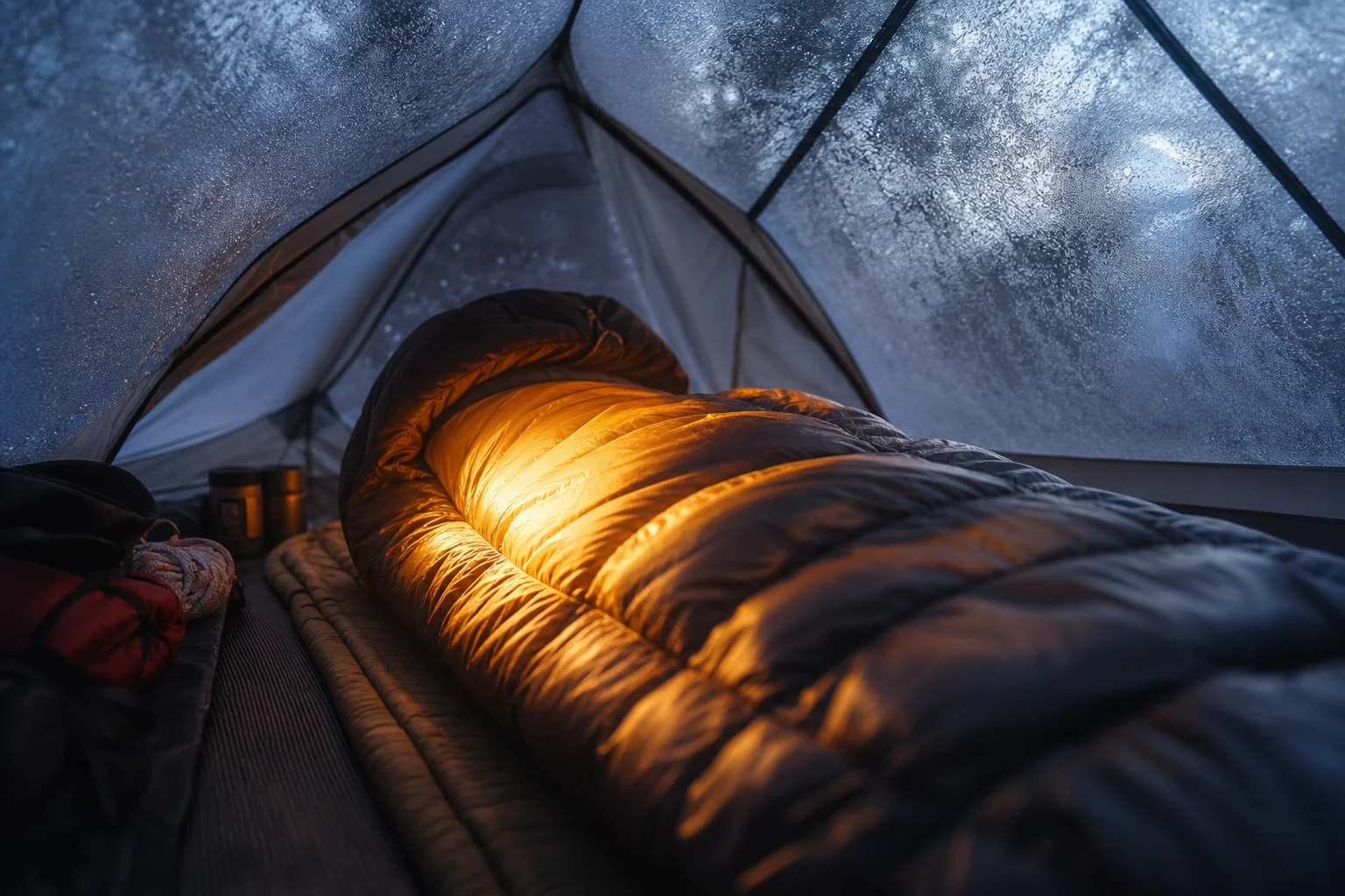 Camper sleeping peacefully inside a heated sleeping bag in a winter tent