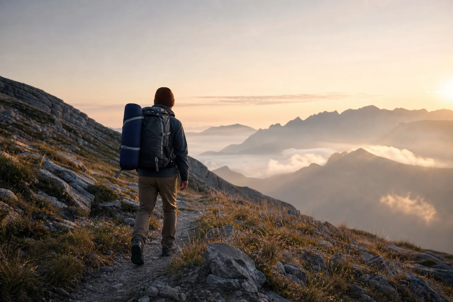 Backpacker carrying a compact mummy-style sleeping bag on a mountain trail at dawn