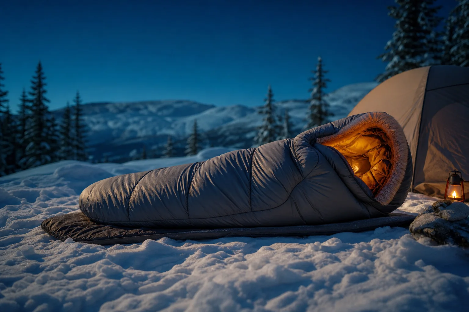 Winter camper relaxing inside a spacious heated sleeping bag in a snowy campsite
