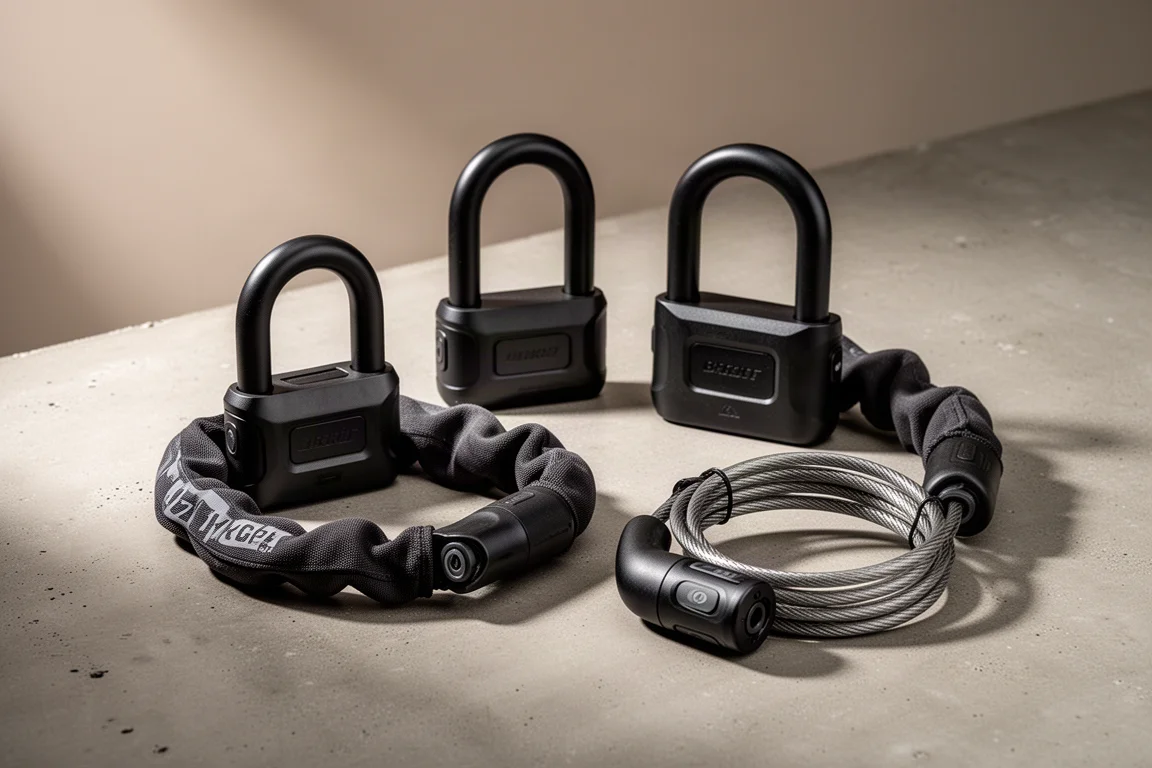 Selection of heavy duty bicycle locks arranged on a matte concrete surface