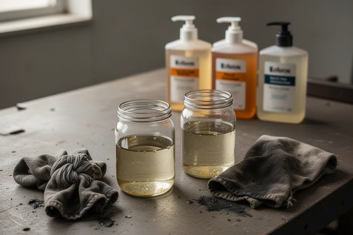 Banco di lavoro con stracci unti d'olio, barattoli d'acqua e bottiglie di detergente mani durante un test di pulizia