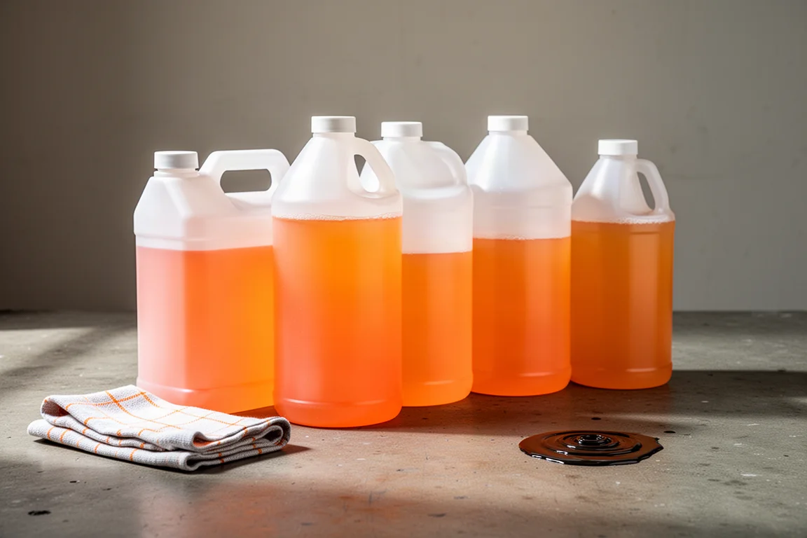 Five heavy-duty hand cleaner bottles lined up on a concrete workshop surface