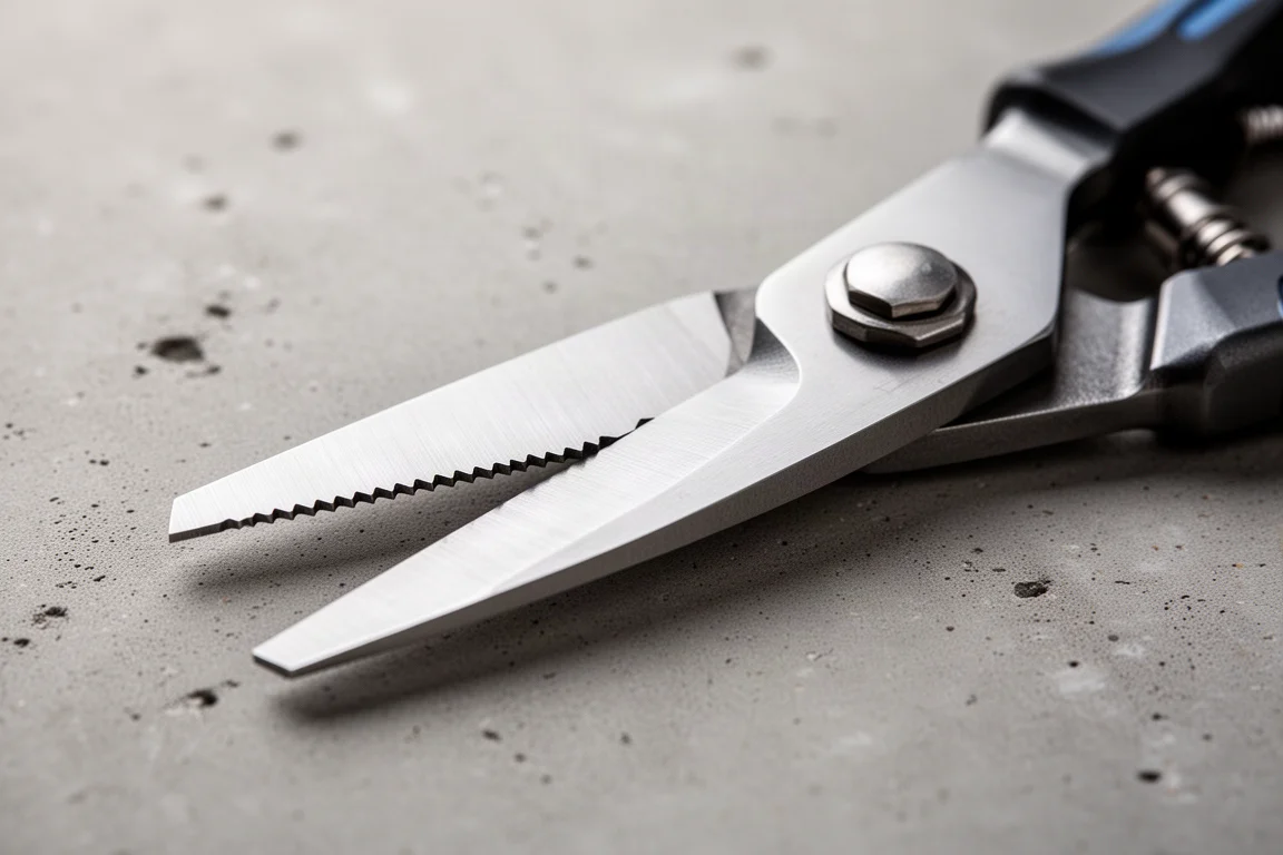 Nahaufnahme eines gezahnten und eines glatten Blattpaars an einer Heavy-Duty-Schere