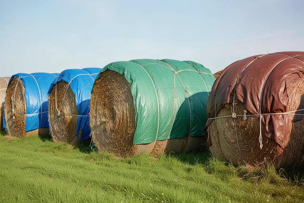 Fila di balle di fieno coperte con teli di vari colori fissati con corde in un campo