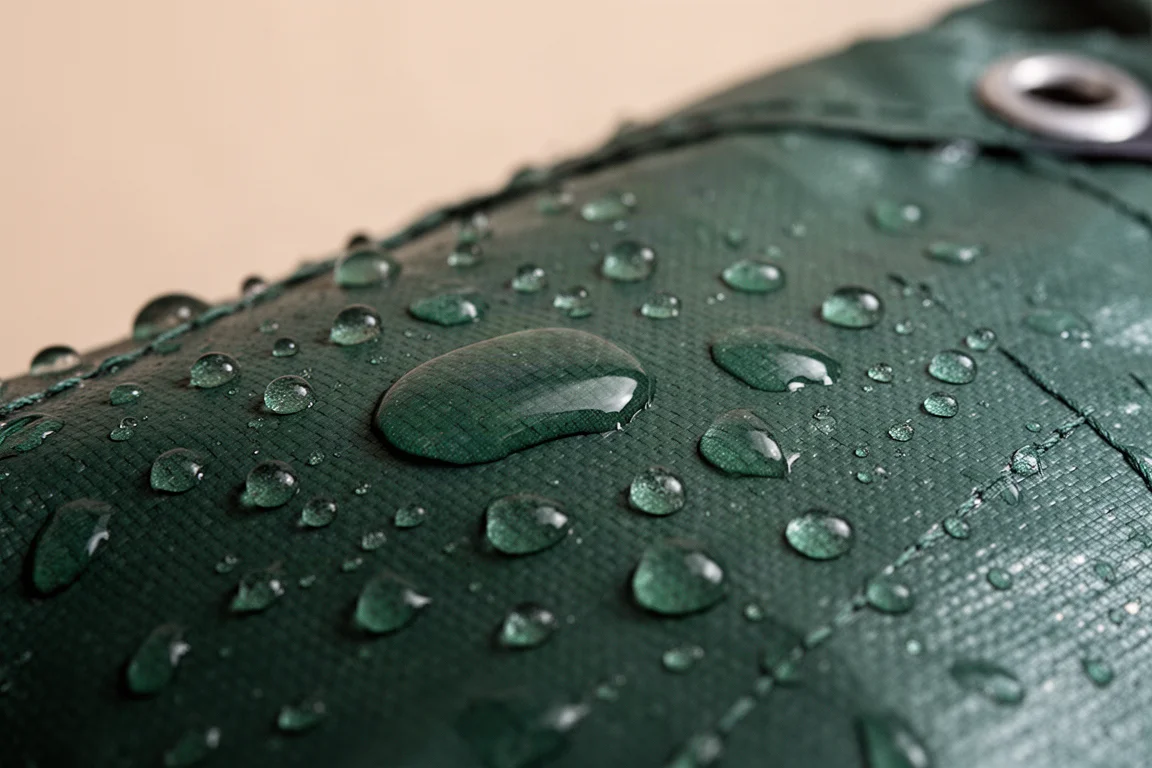 Gocce d'acqua sulla superficie di un telo verde scuro che dimostrano l'impermeabilità