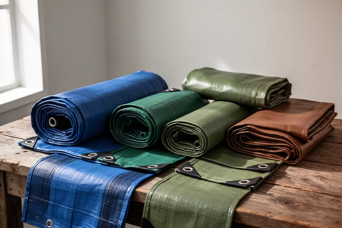 Collezione di teli arrotolati e piegati in blu, verde e marrone su un tavolo di legno