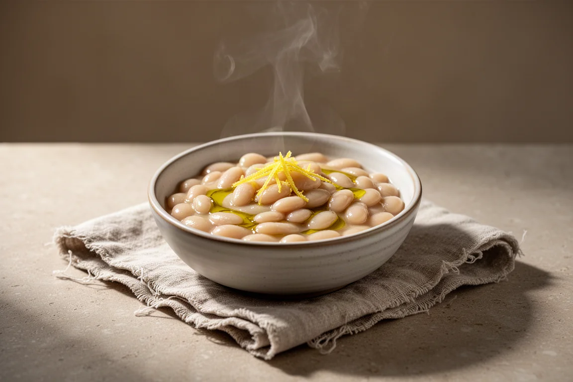Cuenco humeante de sopa cremosa de judías con un chorrito de aceite de oliva sobre una mesa rústica