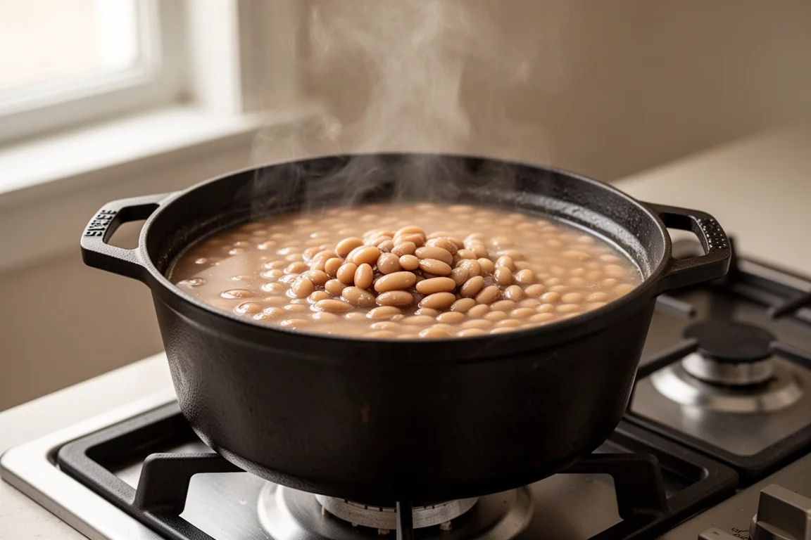 Judías cocidas cociendo a fuego lento en una olla pesada sobre la cocina