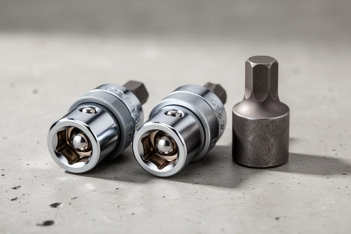 Three hex bit ratchet adapters with different collars and finishes on a concrete surface