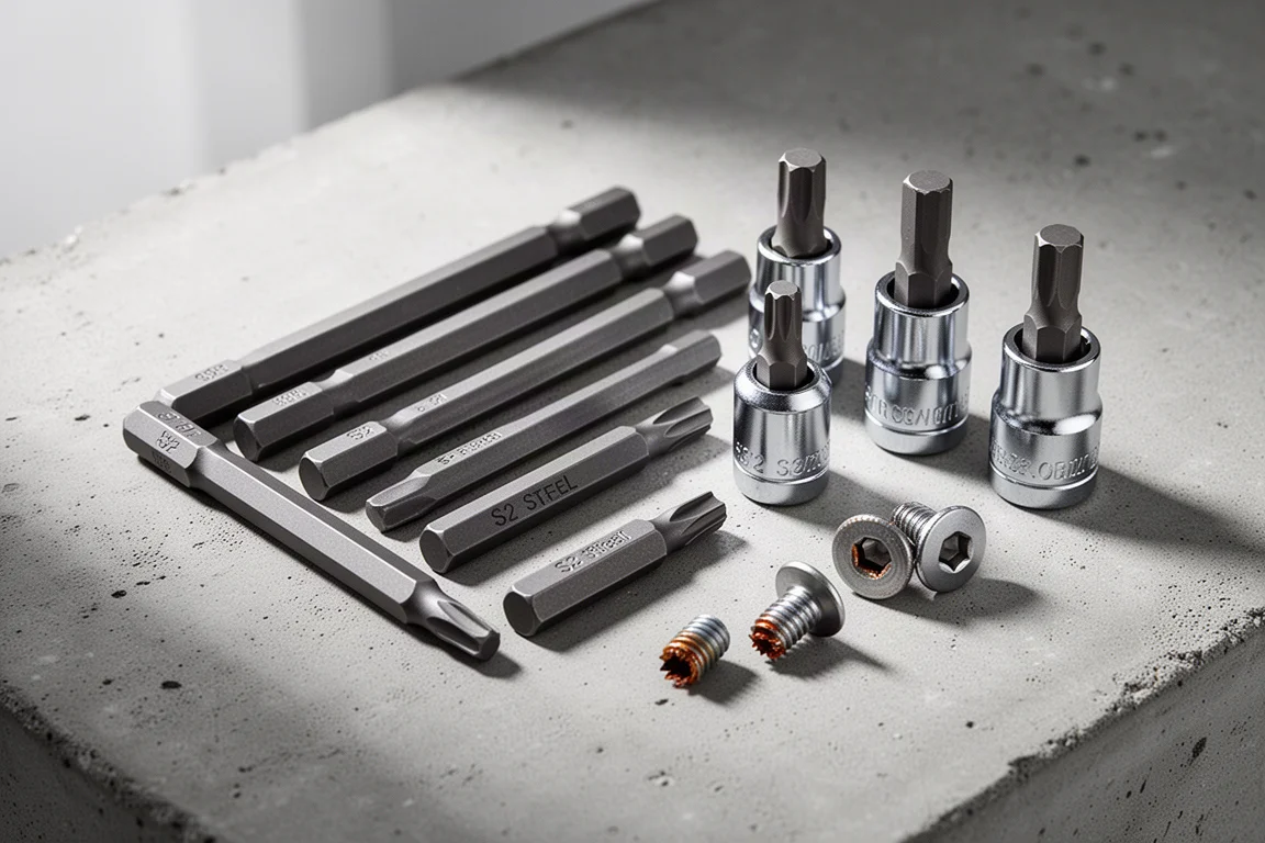 Hex bits, bit sockets, and stripped hex screw heads on a concrete work surface