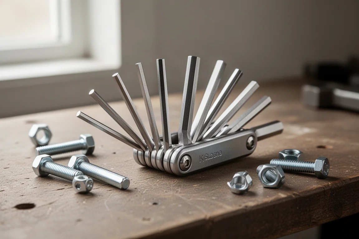 Folding hex key set fanned open on a workbench next to fasteners