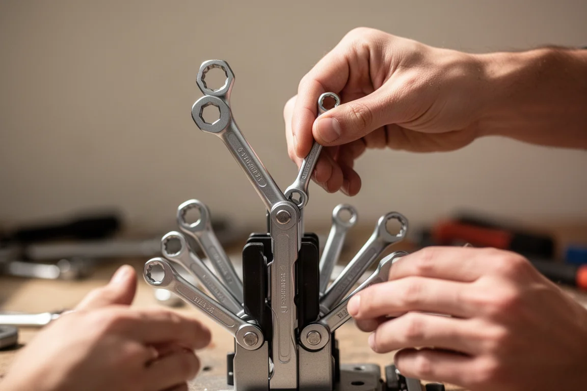 Hand lifting a single hex wrench from a fold-out holder