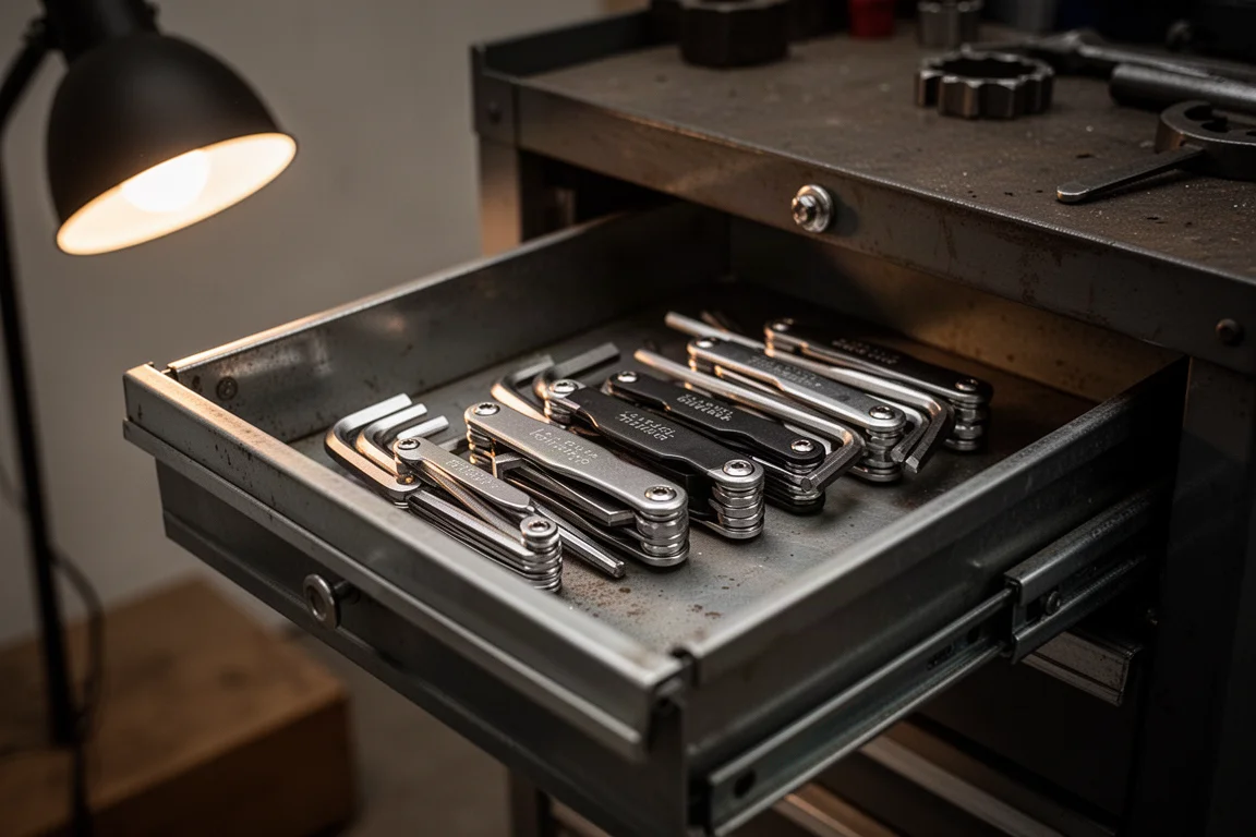 Open tool drawer with several hex key sets stored together