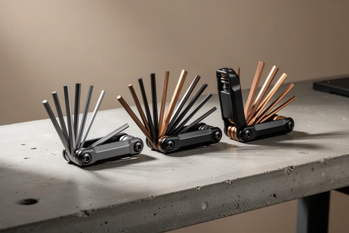 Four folding hex key sets fanned open on a concrete workbench