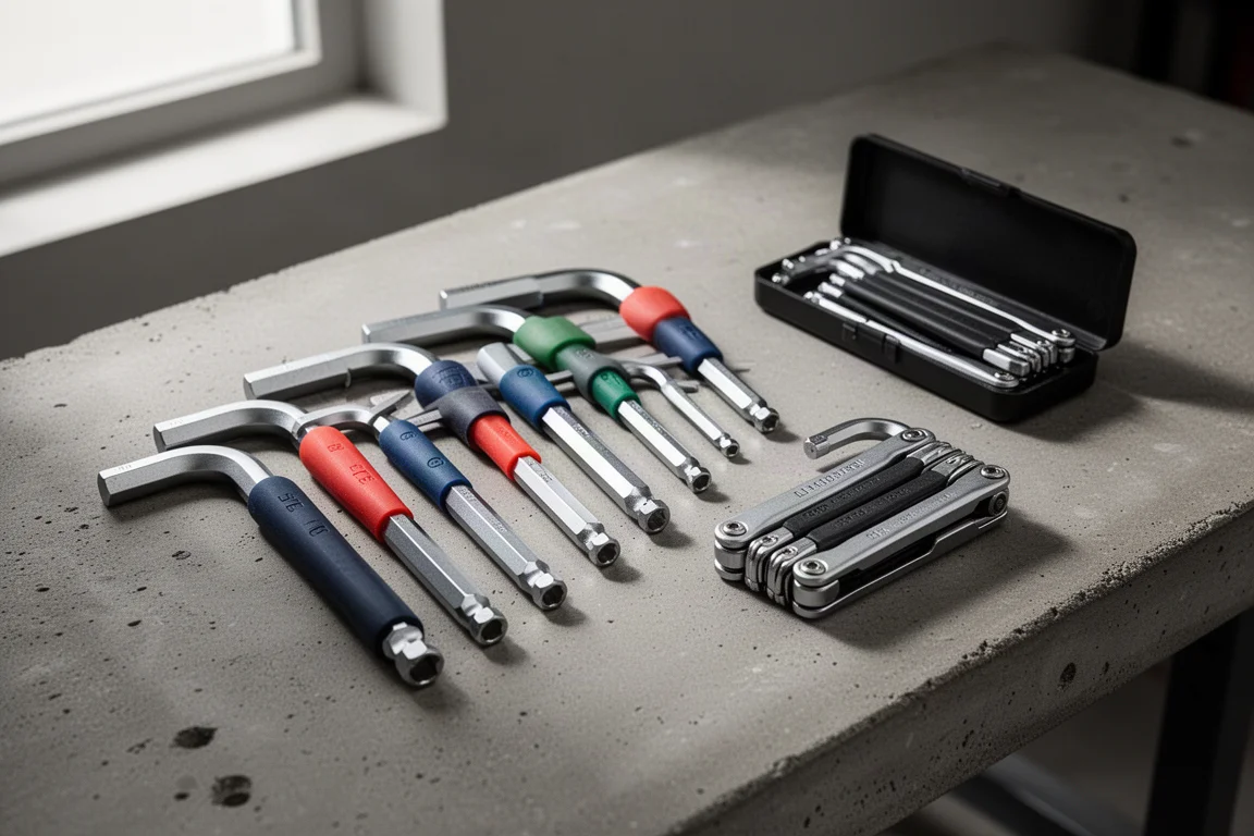 Spread of hex L key sets on a matte concrete workbench