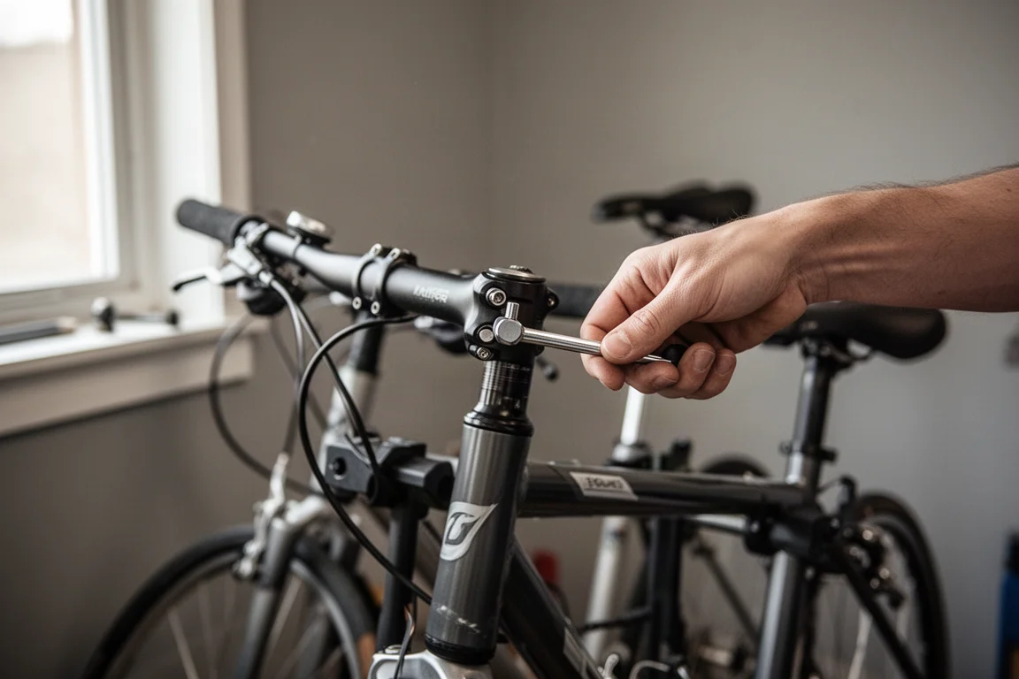 Cyklist som justerar en styrfästesbult på en cykel med en hexnyckel i hemmaverkstaden