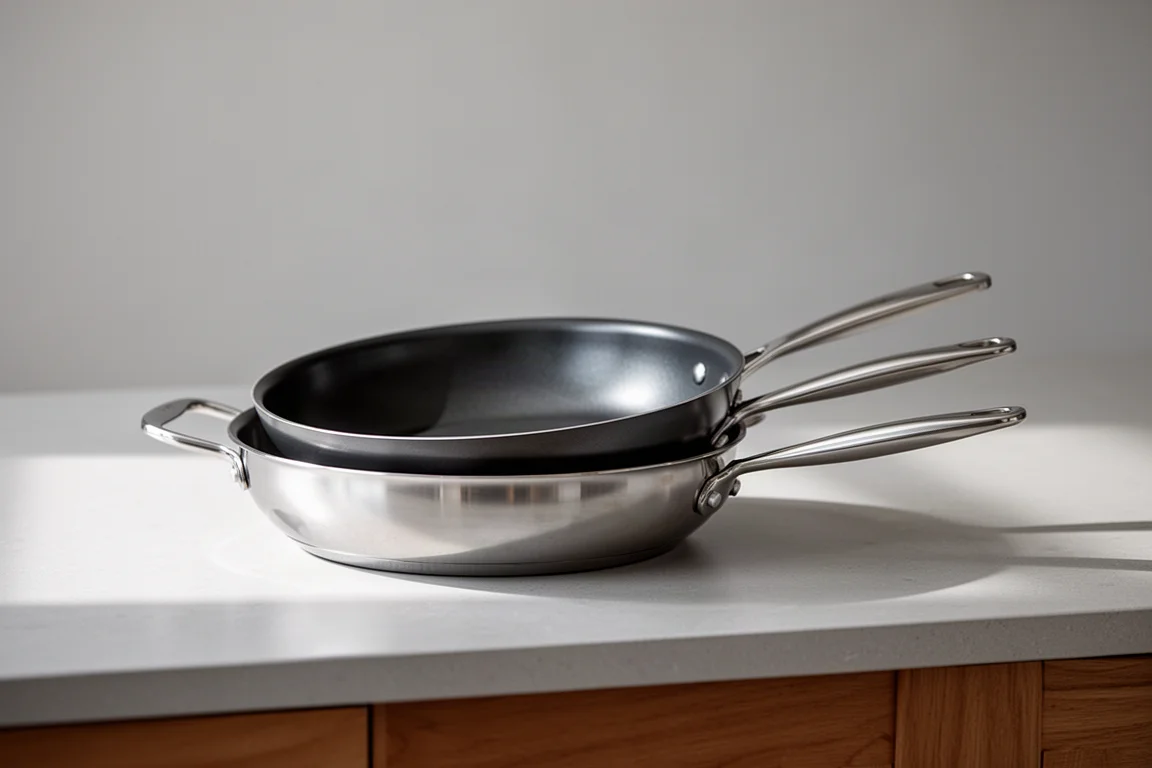 Två staplade stekpannor, en i rostfritt stål och en med mörk non-stick-yta, på en köksbänk