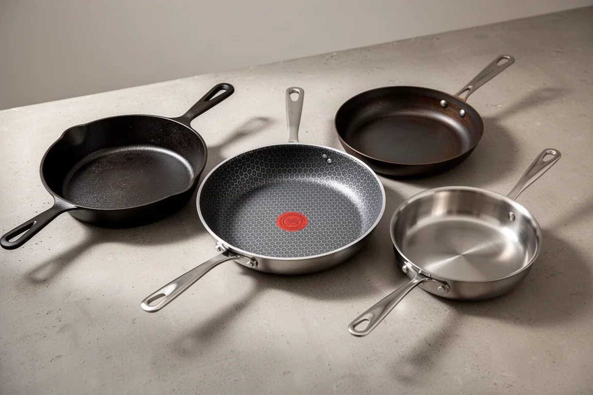 Collection of hybrid, cast iron, carbon steel, and stainless steel frying pans on a concrete surface